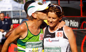 Zola Budd gets a kiss from Bruce Fordyce after completing her first ...