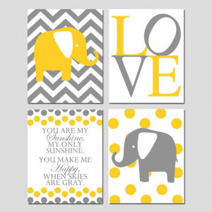 Elephant Love Nursery Art Quad - You Are My Sunshine Quote - Chevron ...