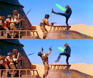 ... defeats one of Jabba's henchmen using the Jedi power Force kick