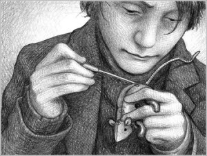 Hugo Cabret reparando un juguete ( © Brian Selznick)