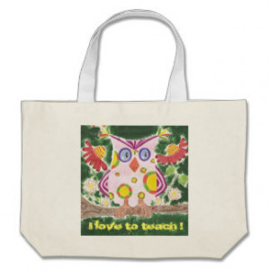 Pink owl w/green background teacher tote bag