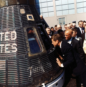 john f kennedy with astronaut john glenn looking at a mercury capsule ...