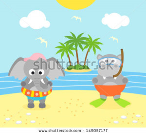 ... background with funny elephant and hippopotamus on the beach
