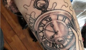 Grey Ink Clock Tattoo For Men