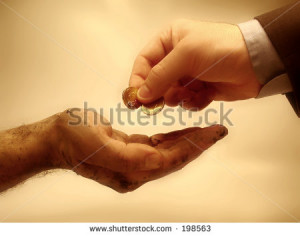 Wealthy person giving money to a poor one. (hands)