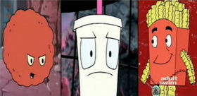 The prototype designs of Meatwad , Master Shake and Frylock .