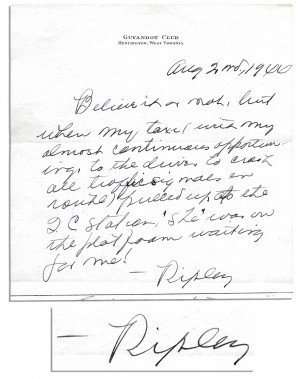 Rare Handwritten Letter Signed by ''Believe It or Not!'' Robert Ripley ...