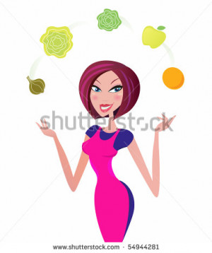 Woman with healthy food isolated on white. Super woman chef juggling ...