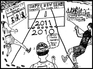 cartoon: it's a race to new year's eve 2010 - 2011, and the finish ...