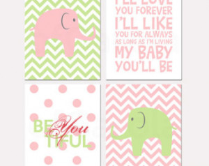 Elephant Chevron Girl Nursery Wall Art Print Set Four Prints, Elephant ...