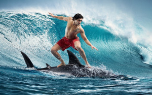 Great White Shark In Wave With Surfers