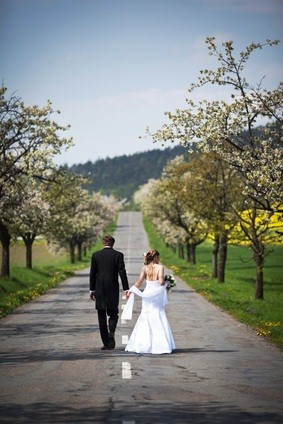 bride in a long white strapless wedding dress holding her groom's hand ...