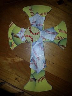 Softball cross using two wooden crosses, hot glue, and decorative ...