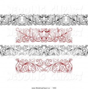Vector Marriage Clipart of Black and Red Ornate Floral Wedding Borders