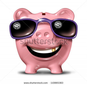 concept with a happy smiling piggy bank wearing dark sunglasses ...