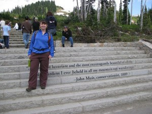 The hike up Mt. Rainier's Nisqually Glacier begins at a set of stairs ...