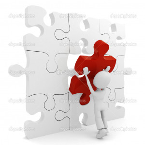 3d man pushing a puzzle pieces into its - Stock Image