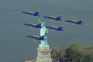The United States Navy's Blue Angels aerial team flies by Lady Liberty ...
