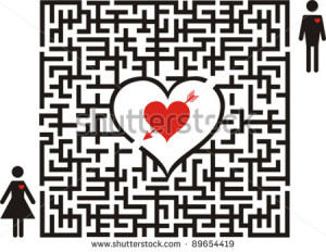 Conceptual of love maze. Boy is going to his girlfriend through the ...