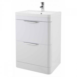 High Gloss White Curved 600mm 2 Draw Floor Standing Vanity Unit