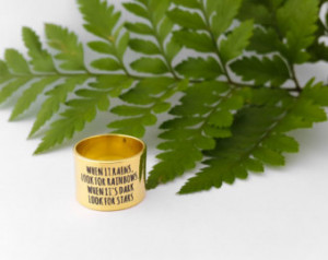 ... it Rains... - Stars - Inspiration Ring - Brass Quote Ring - Gold Color