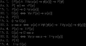 begin{array}{rl}\text{Ax. 1.} & \left\{P(\varphi) \wedge \Box ...