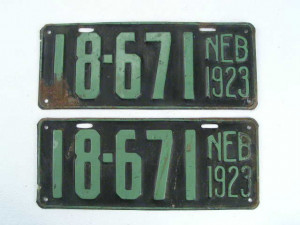 of antique 1923 license plate tags from Dawson County in Nebraska
