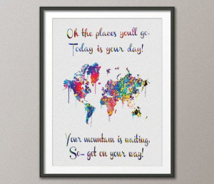 Watercolor WORLD Map Dr Seuss Quote Art Print Extra Large Wall Wedding ...