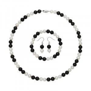 Sterling Silver Freshwater Cultured Pearl and Onyx Bead Necklace