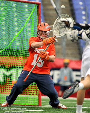 Syracuse goalkeeper John Galloway anticipates a shotSaturday during ...