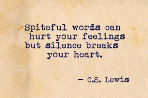 Spiteful words can hurt your feelings but silence breaks your heart.