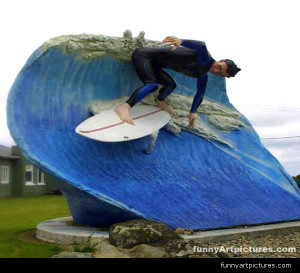 Arts entertainment, Surfer sculpture, funny picture pop-art gallery. .