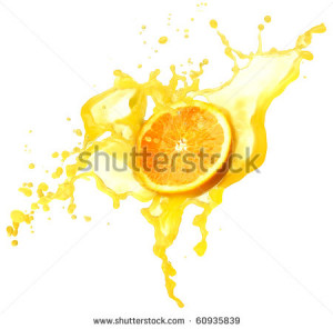 orange in spray of juice Juicy orange with splash on white background