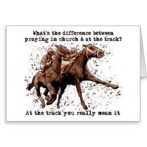 Praying at horse races greeting cards