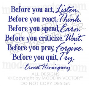 ERNEST HEMINGWAY Quote Vinyl Wall Decal Inspirational Lettering BEFORE ...