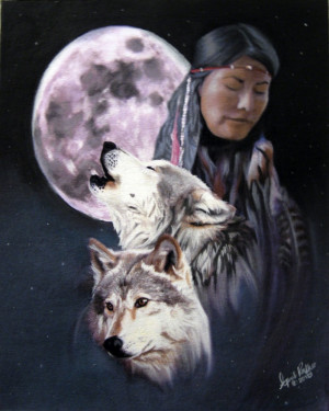 Pastel Native American and Wolf Fine Art