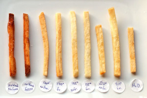 Fries and frozen fries, pre-blanched to various temperatures. Notice ...