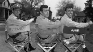 From left, Don Knotts as Barney Fife, Andy Griffith as Andy Taylor and ...