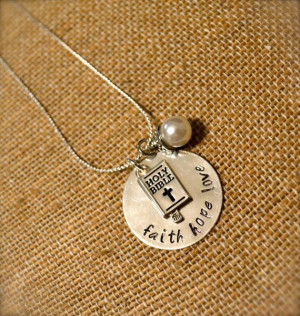 Silver Bible Charm with Pearl Dangle and Hand Stamped Quote of Your ...