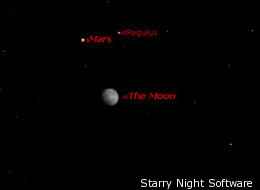 Mars, Moon, Form Triangle With Bright Star Regulus Tonight