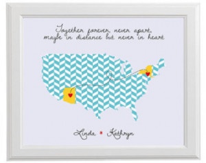 Long distance friendship love or family quote map 8x10 in personalized