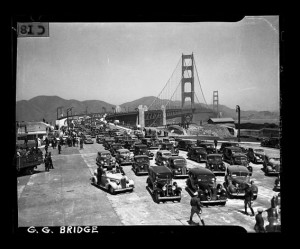 Auto parade on the opening day of the Golden Gate Bridge heading ...