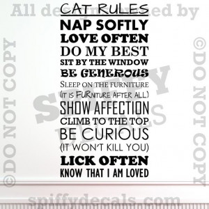 CAT RULES KITTEN LOVE NAP FUR LICK CURIOUS Quote Vinyl Wall Decal ...