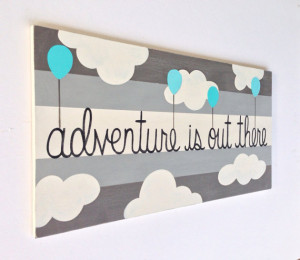 ... Wood, Boys Wall Art, Gray and Blue, Painted Wood Sign, Balloons Art