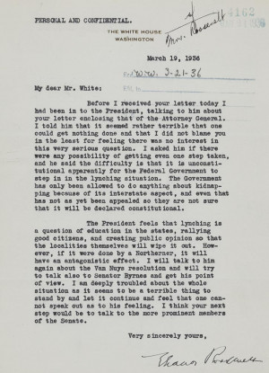 Letter from Eleanor Roosevelt to Walter White, March 19, 1936 ...