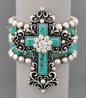Cross Rhinestone & Turquoise Stretch Bracelet
