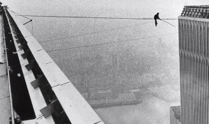 Philippe Petit crossing between New York City's Twin Towers, 1974.