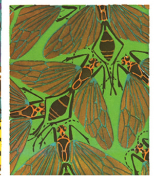 an Art Deco pattern with GREEN bugs