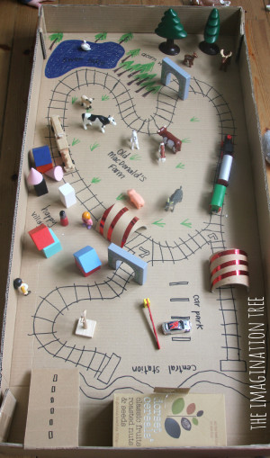Turn a cardboard box into a giant small world play scene, with drawn ...