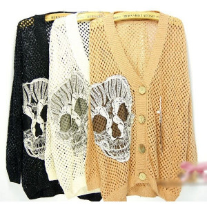 ... Women's Casual Loose Big Skull Knit Sweater V-neck Hollow Cardigans